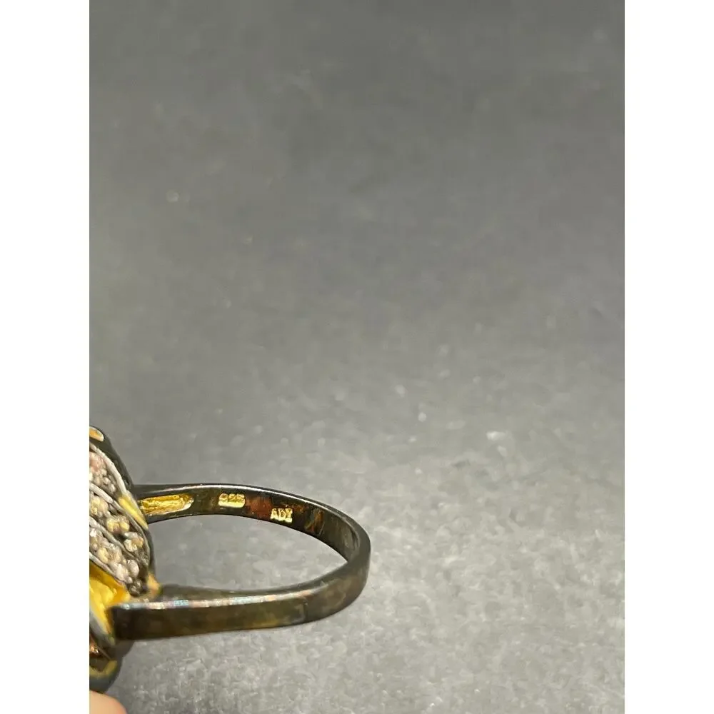 ADI Signed 925 Sterling Silver Yellow Citrine CZ Solitaire Ring Statement